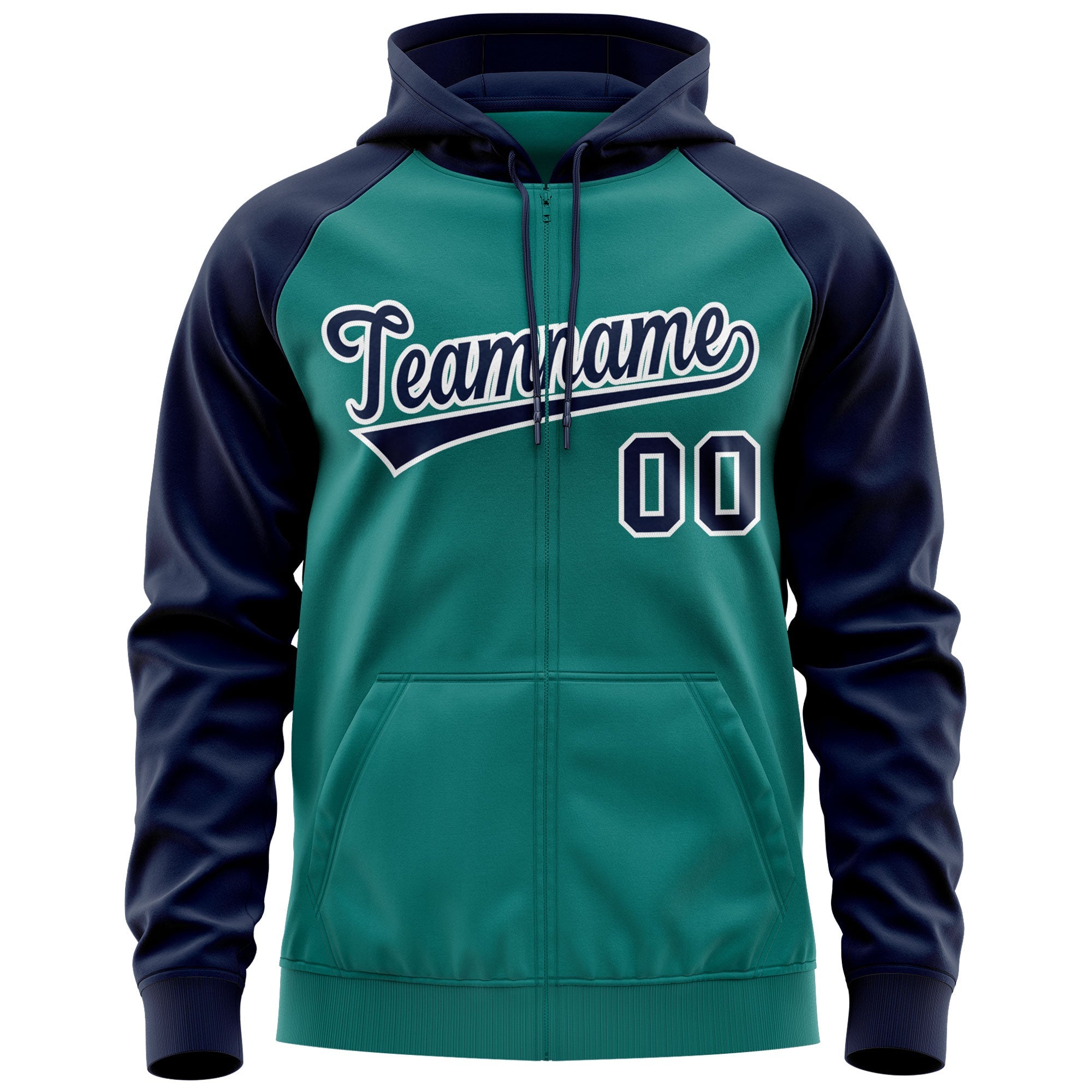 Custom Stitched Aqua Navy-White Raglan Sleeves Sports Full-Zip Sweatshirt Hoodie