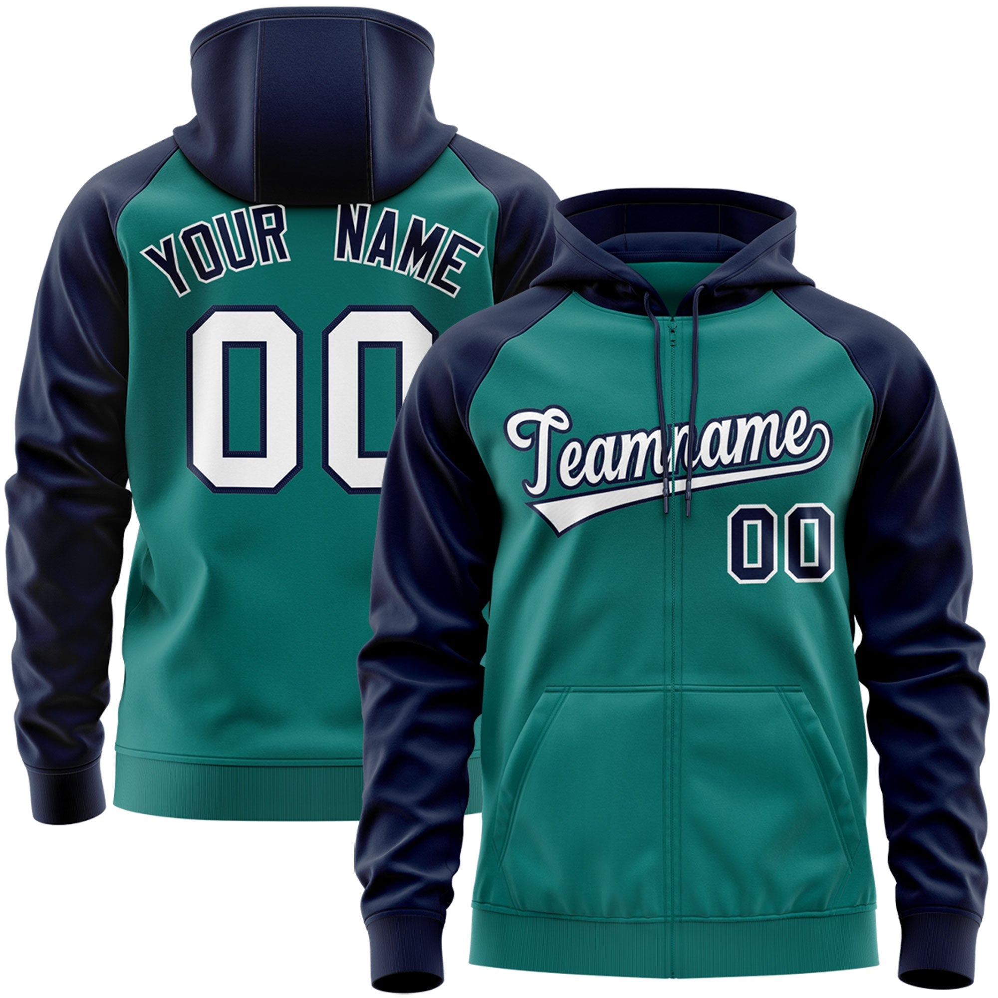 Custom Stitched Aqua White-Navy Raglan Sleeves Sports Full-Zip Sweatshirt Hoodie