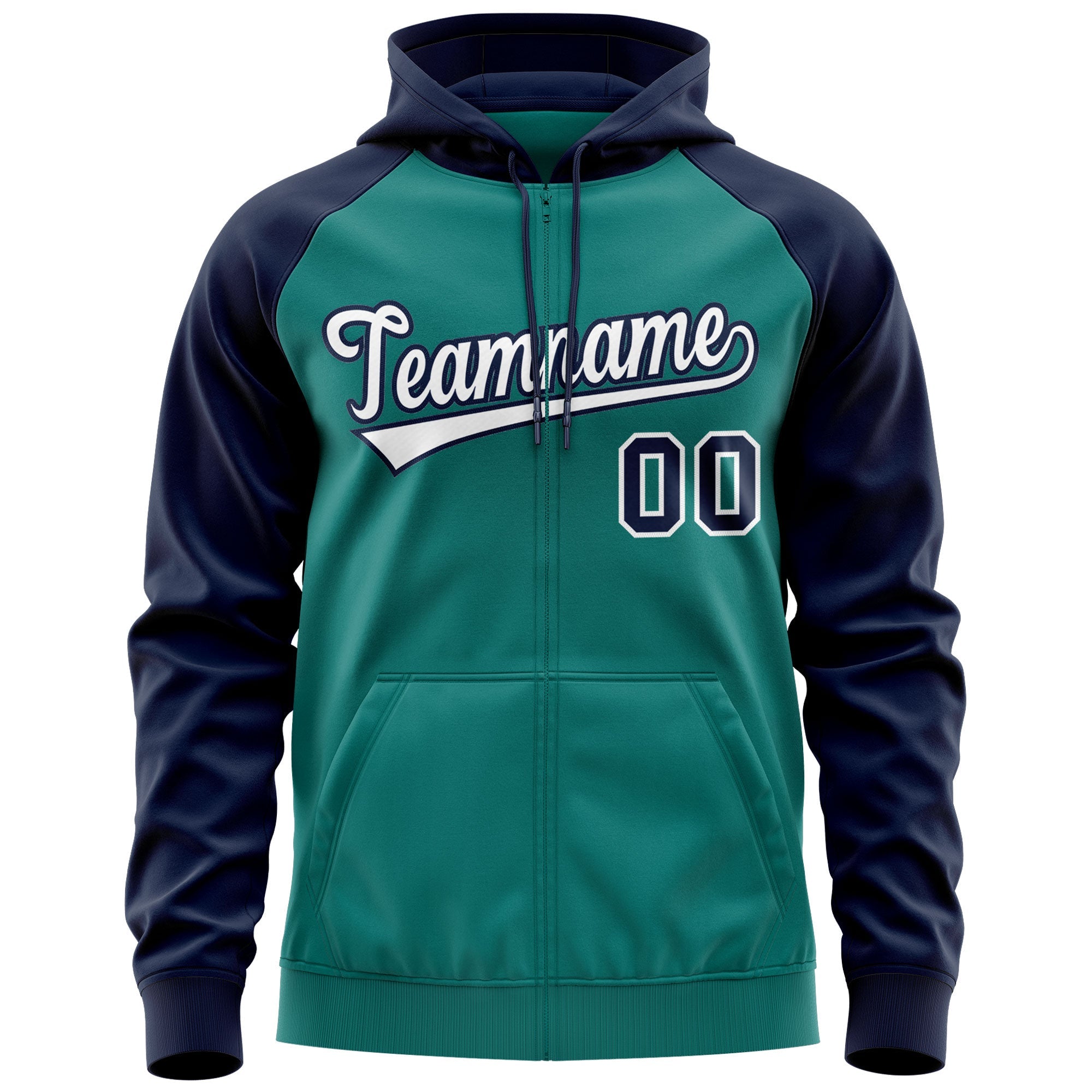 Custom Stitched Aqua White-Navy Raglan Sleeves Sports Full-Zip Sweatshirt Hoodie