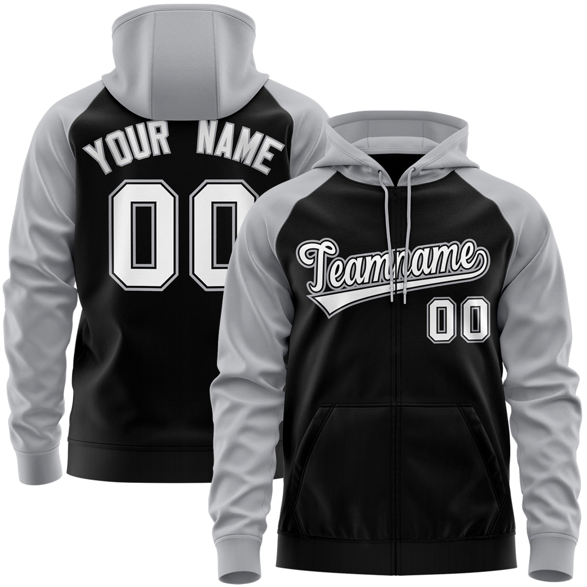 Custom Stitched Black White-Gray Raglan Sleeves Sports Full-Zip Sweatshirt Hoodie