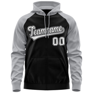 Custom Stitched Black White-Gray Raglan Sleeves Sports Full-Zip Sweatshirt Hoodie