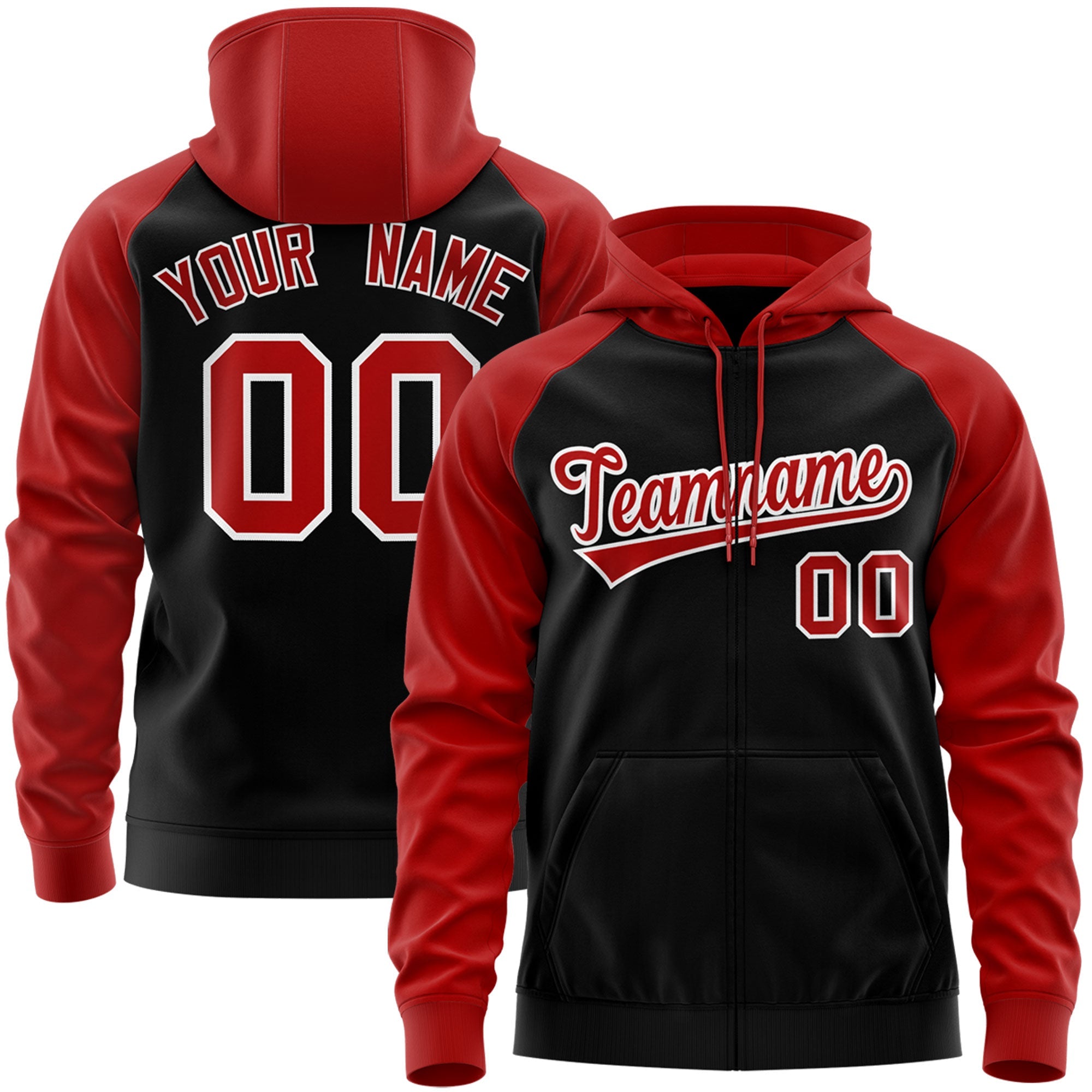 Custom Stitched Black Red-White Raglan Sleeves Sports Full-Zip Sweatshirt Hoodie