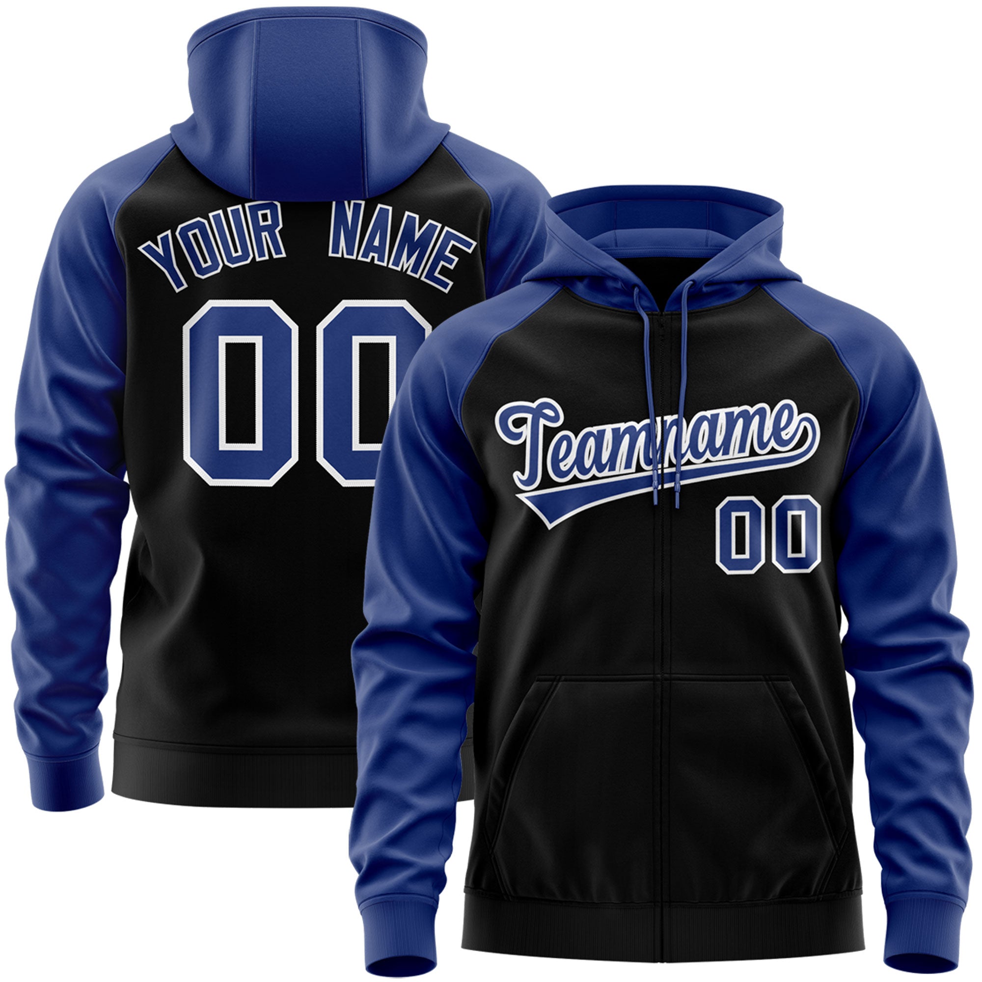 Custom Stitched Black Royal-White Raglan Sleeves Sports Full-Zip Sweatshirt Hoodie