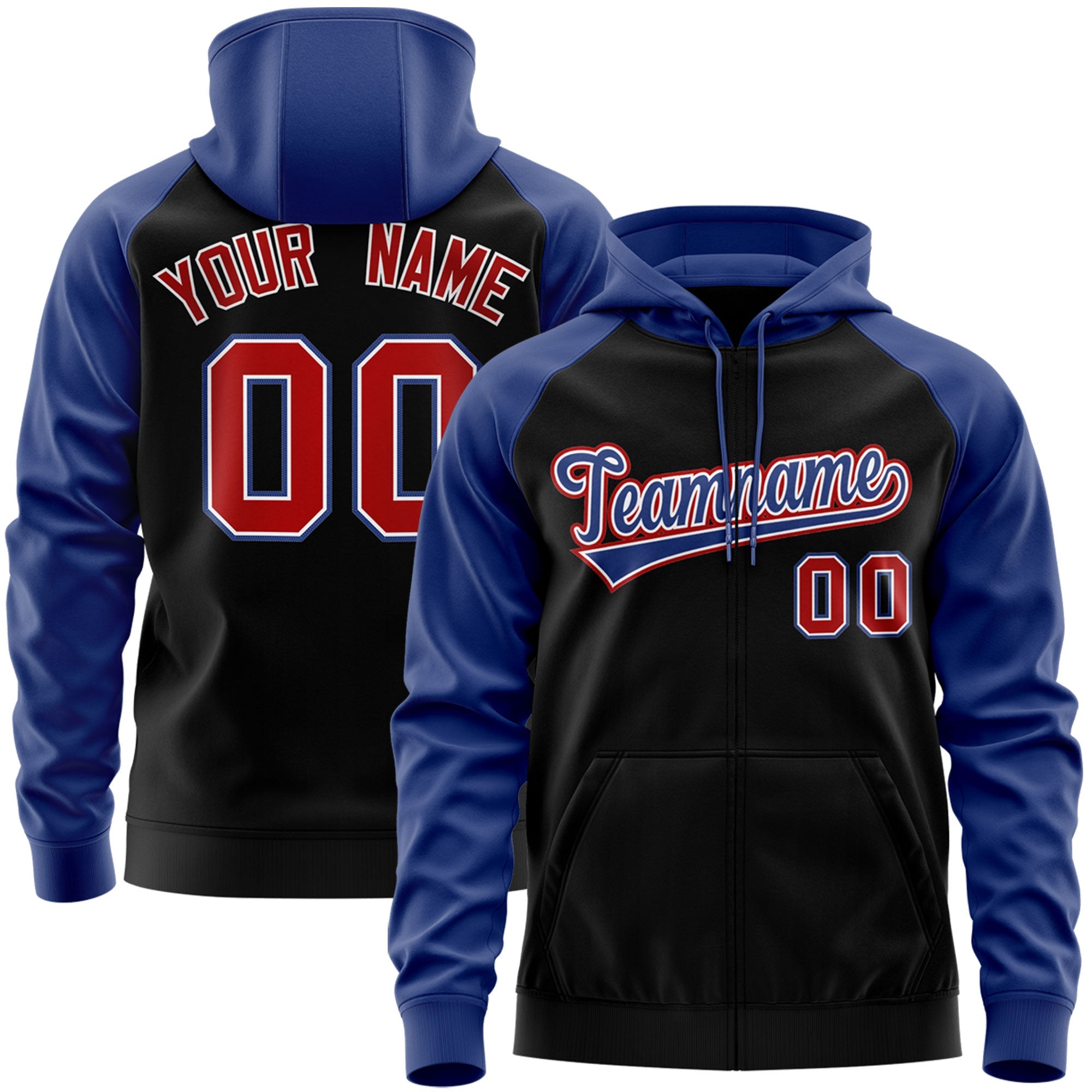 Custom Stitched Black Royal-Red Raglan Sleeves Sports Full-Zip Sweatshirt Hoodie