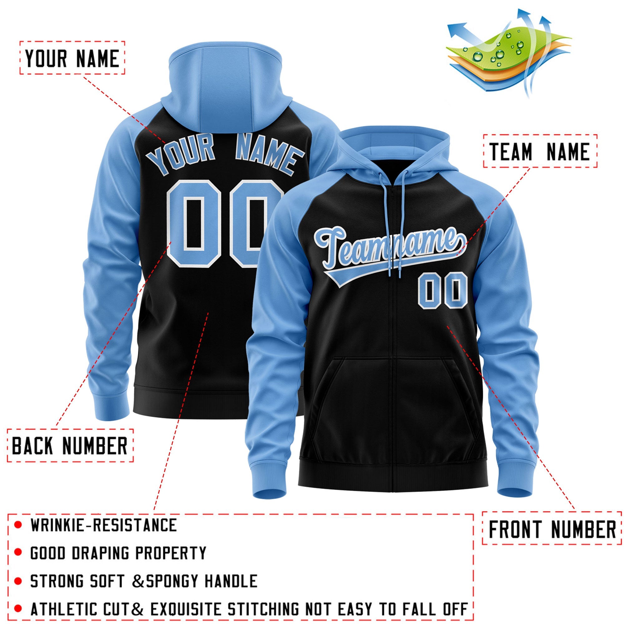 Custom Stitched Black Light Blue-White Raglan Sleeves Sports Full-Zip Sweatshirt Hoodie