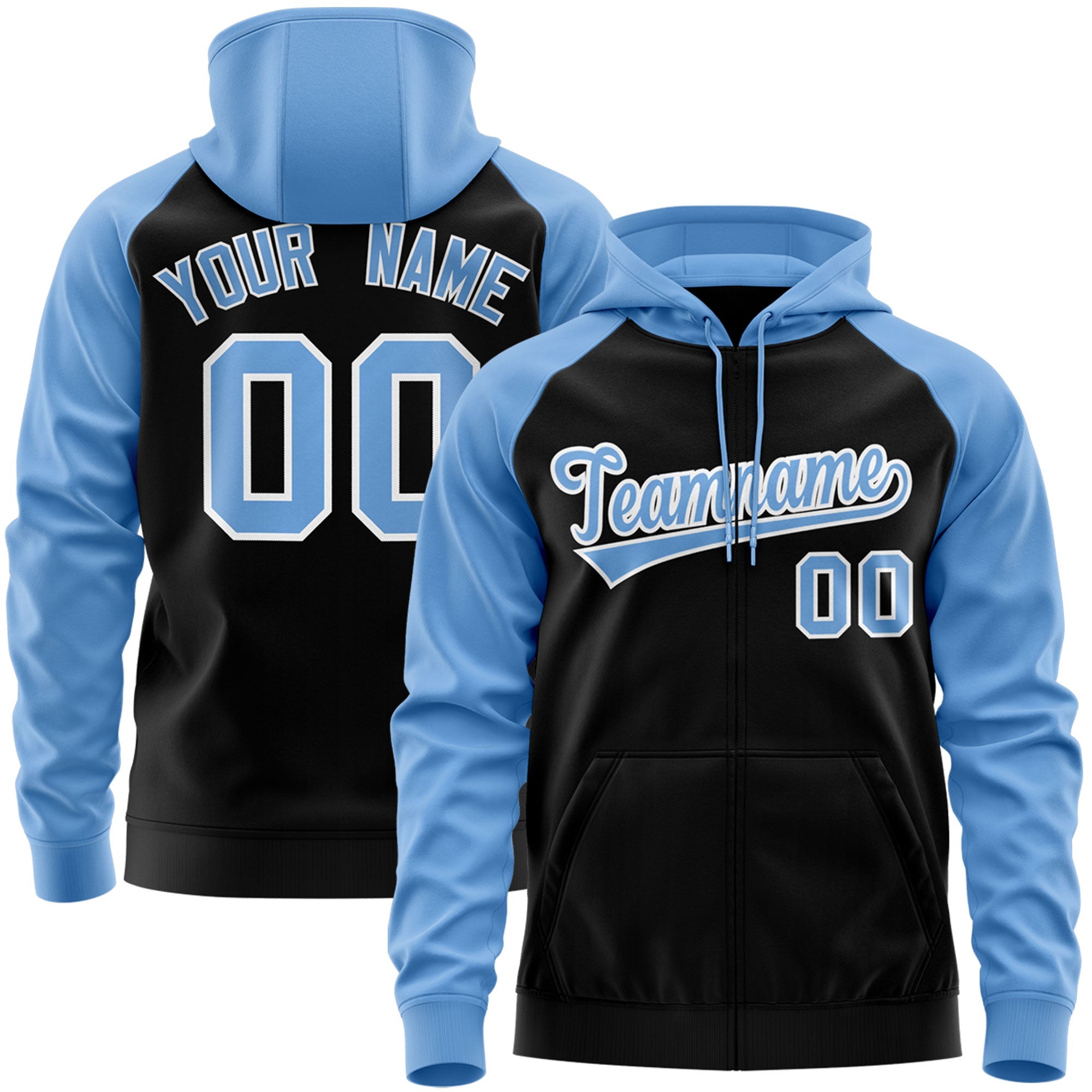 Custom Stitched Black Light Blue-White Raglan Sleeves Sports Full-Zip Sweatshirt Hoodie