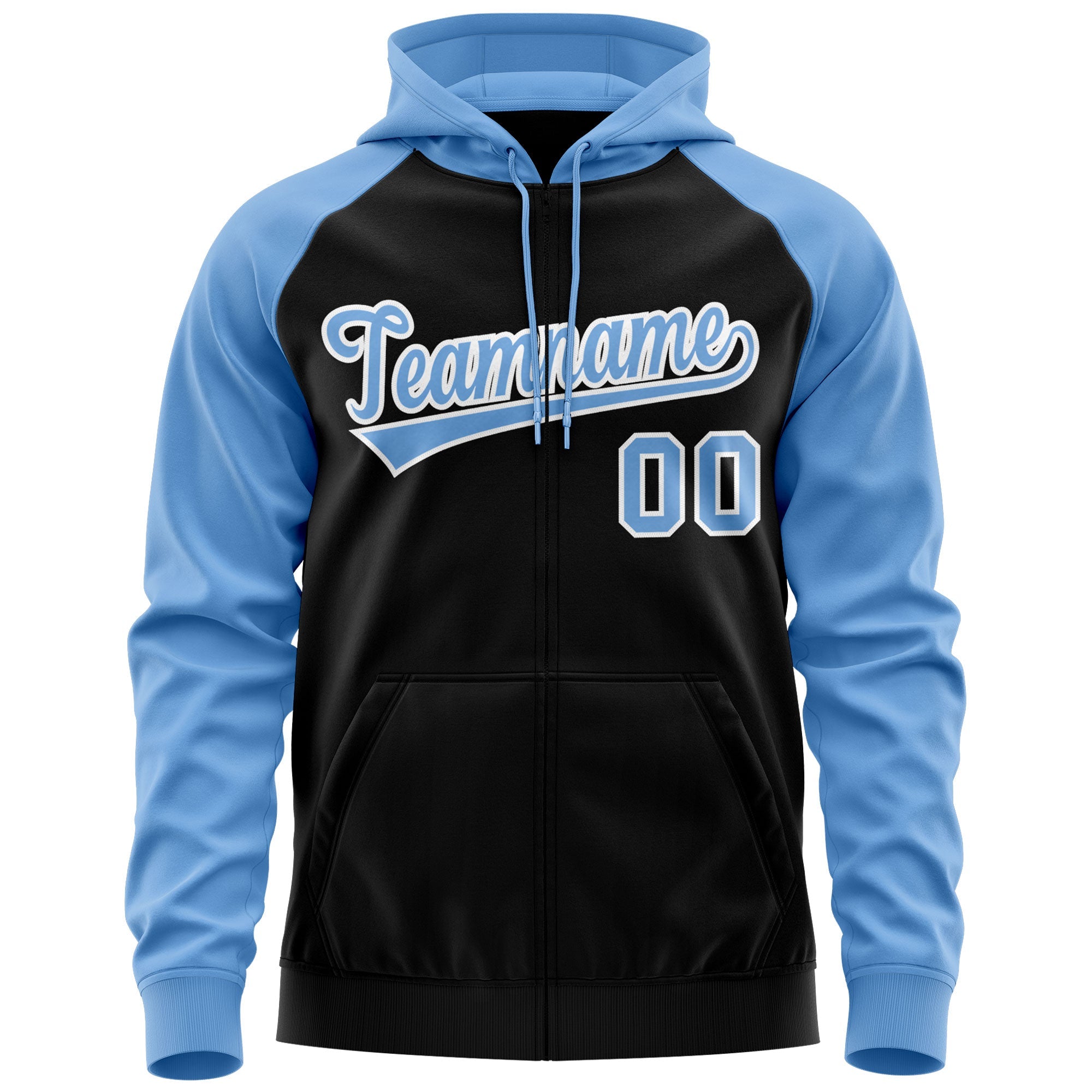 Custom Stitched Black Light Blue-White Raglan Sleeves Sports Full-Zip Sweatshirt Hoodie