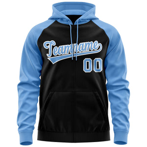 Custom Stitched Black Light Blue-White Raglan Sleeves Sports Full-Zip Sweatshirt Hoodie