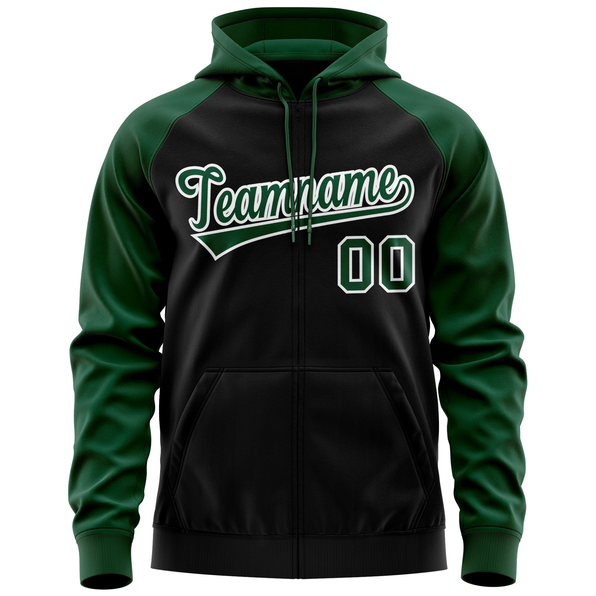 Custom Stitched Black Green-White Raglan Sleeves Sports Full-Zip Sweatshirt Hoodie