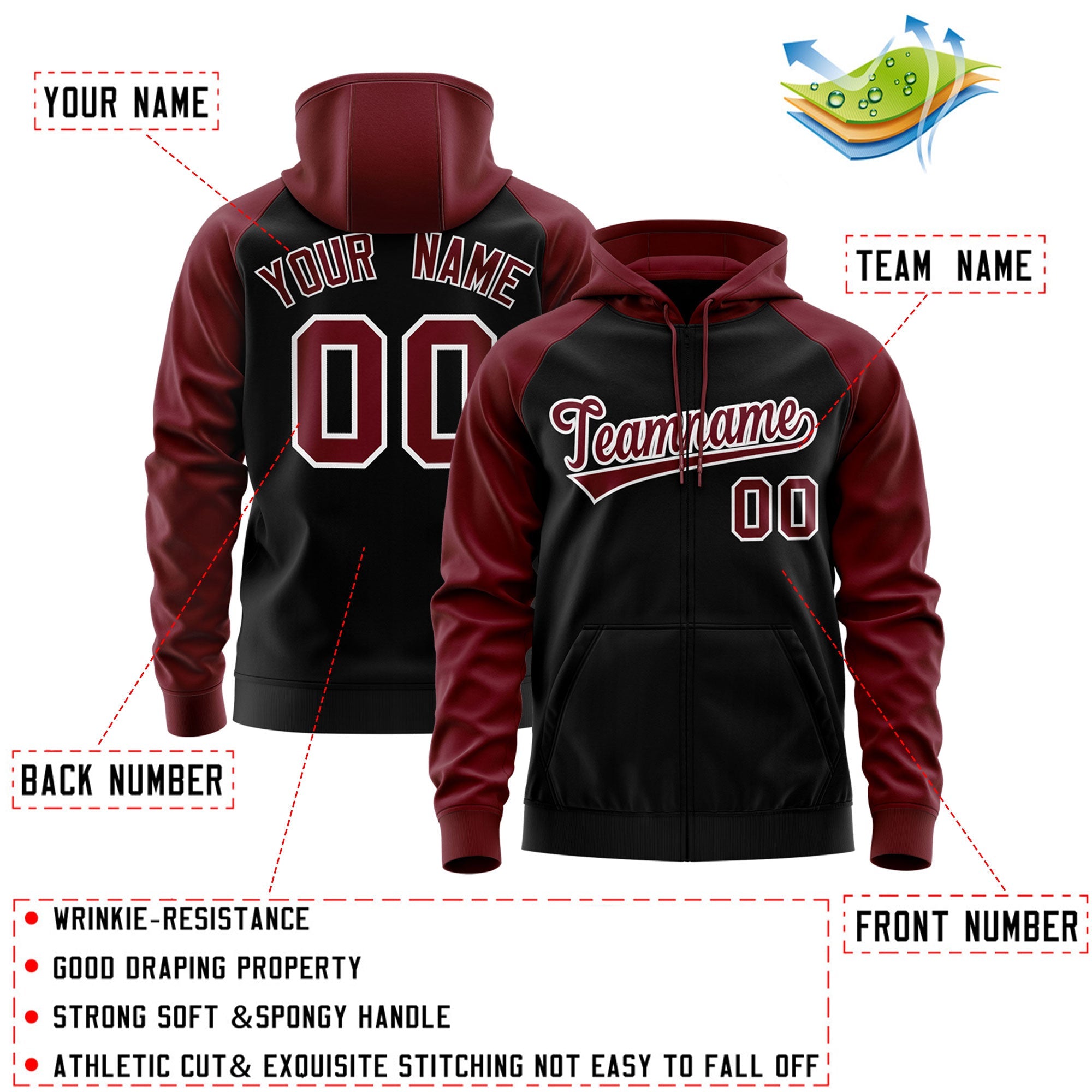 Custom Stitched Black Crimson-White Raglan Sleeves Sports Full-Zip Sweatshirt Hoodie