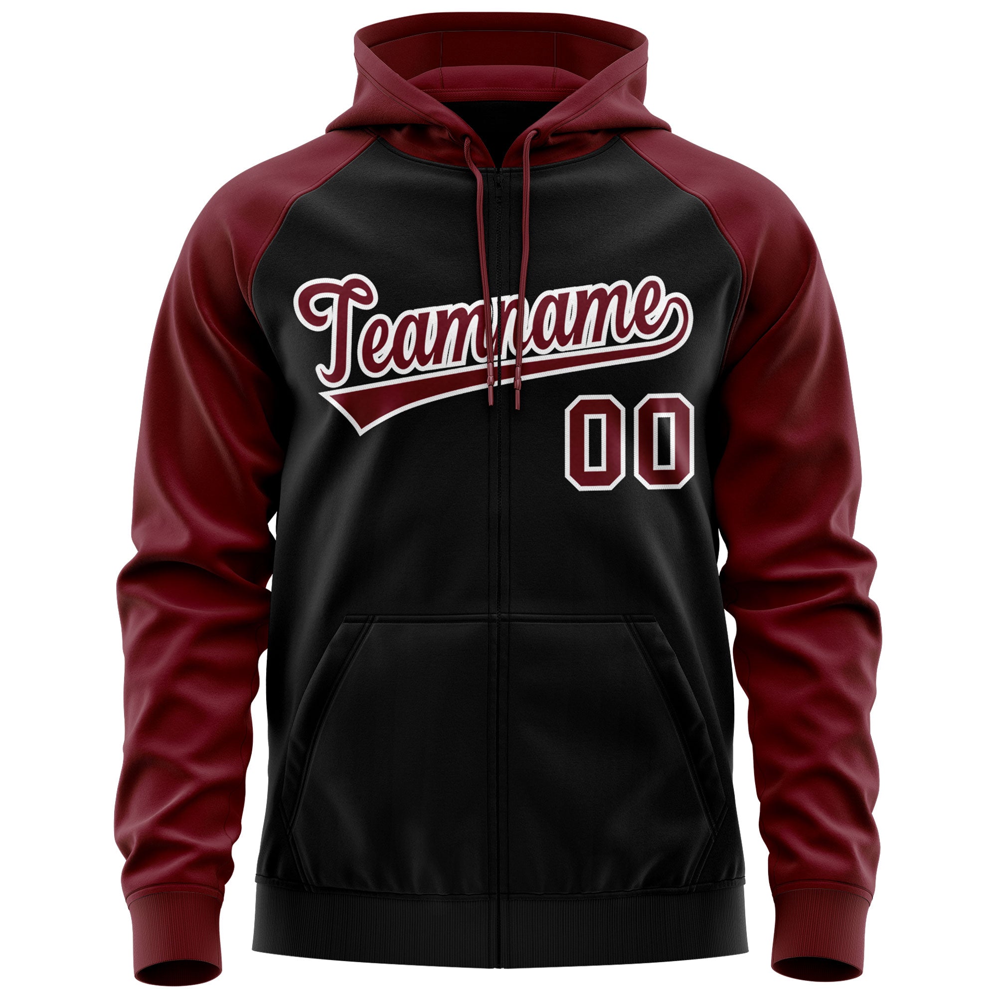 Custom Stitched Black Crimson-White Raglan Sleeves Sports Full-Zip Sweatshirt Hoodie