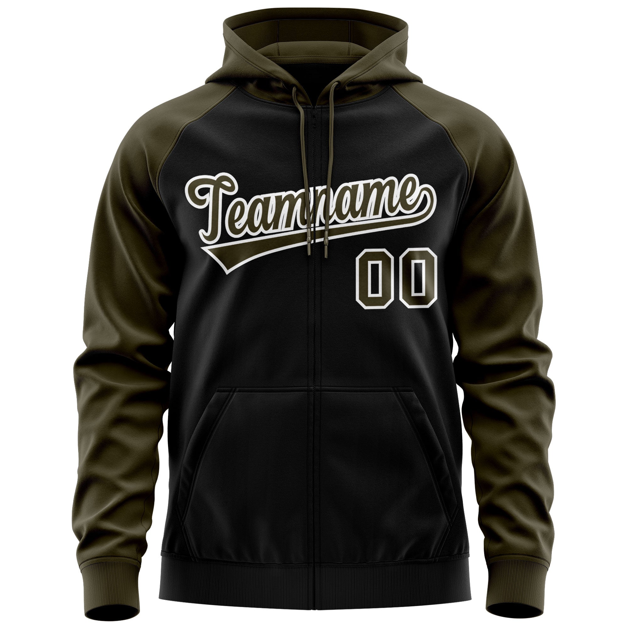 Custom Stitched Black Olive-White Raglan Sleeves Sports Full-Zip Sweatshirt Hoodie