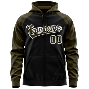 Custom Stitched Black Olive-White Raglan Sleeves Sports Full-Zip Sweatshirt Hoodie