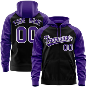 Custom Stitched Black Purple-White Raglan Sleeves Sports Full-Zip Sweatshirt Hoodie