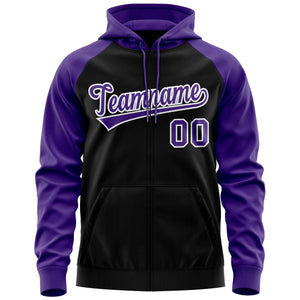 Custom Stitched Black Purple-White Raglan Sleeves Sports Full-Zip Sweatshirt Hoodie