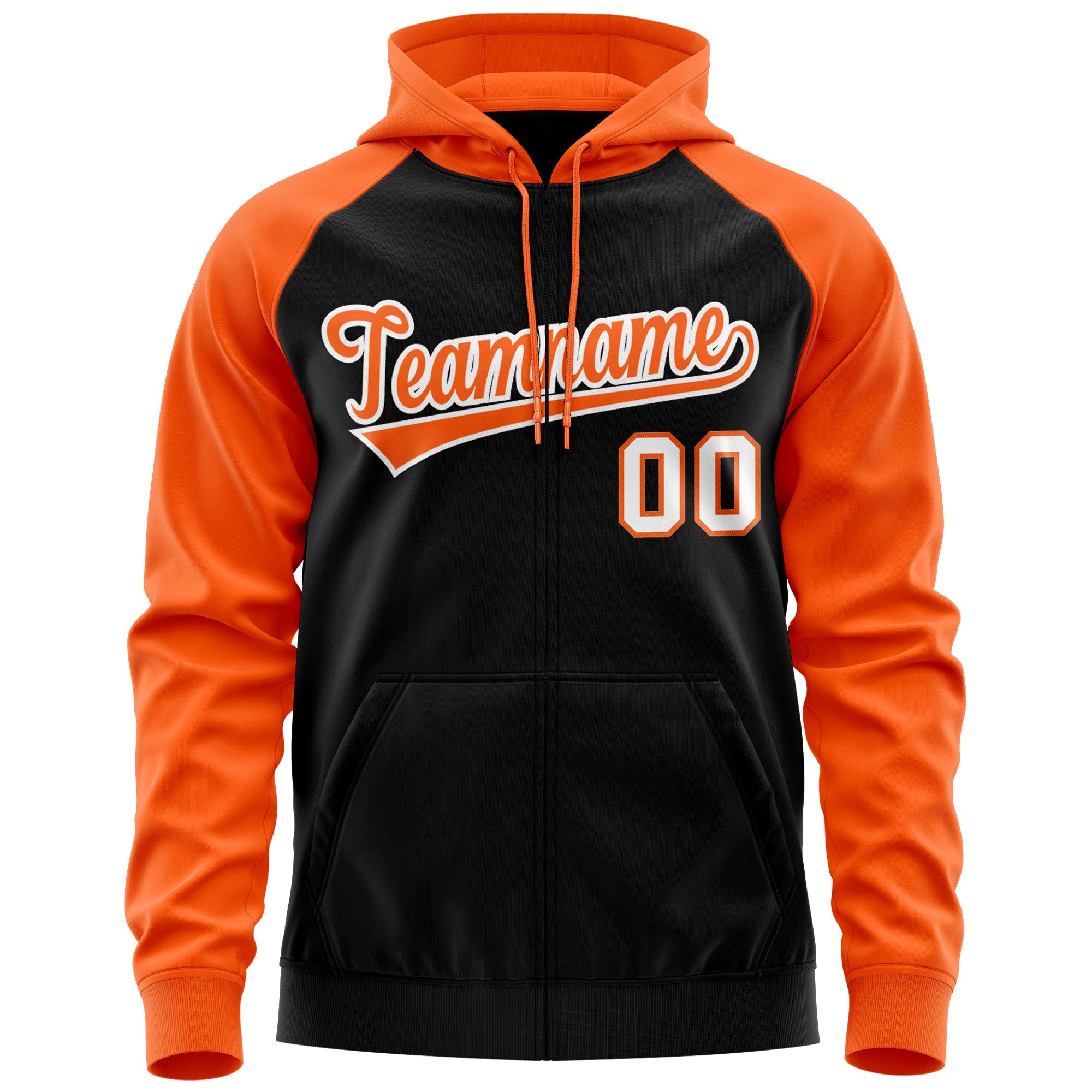 Custom Stitched Black Orange-White Raglan Sleeves Sports Full-Zip Sweatshirt Hoodie