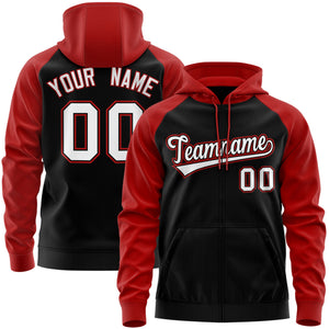 Custom Stitched Black White-Red Raglan Sleeves Sports Full-Zip Sweatshirt Hoodie