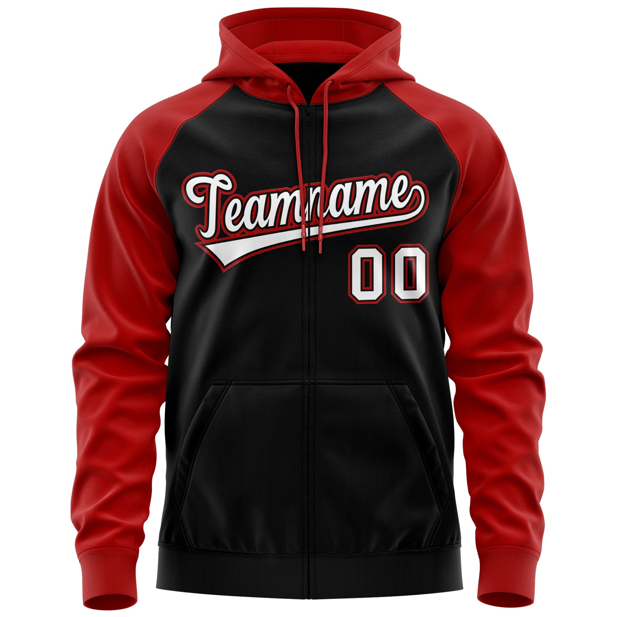 Custom Stitched Black White-Red Raglan Sleeves Sports Full-Zip Sweatshirt Hoodie