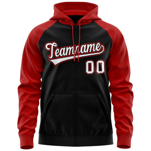 Custom Stitched Black White-Red Raglan Sleeves Sports Full-Zip Sweatshirt Hoodie