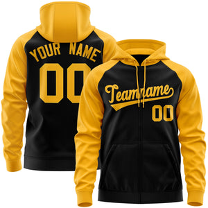 Custom Stitched Black Gold Raglan Sleeves Sports Full-Zip Sweatshirt Hoodie