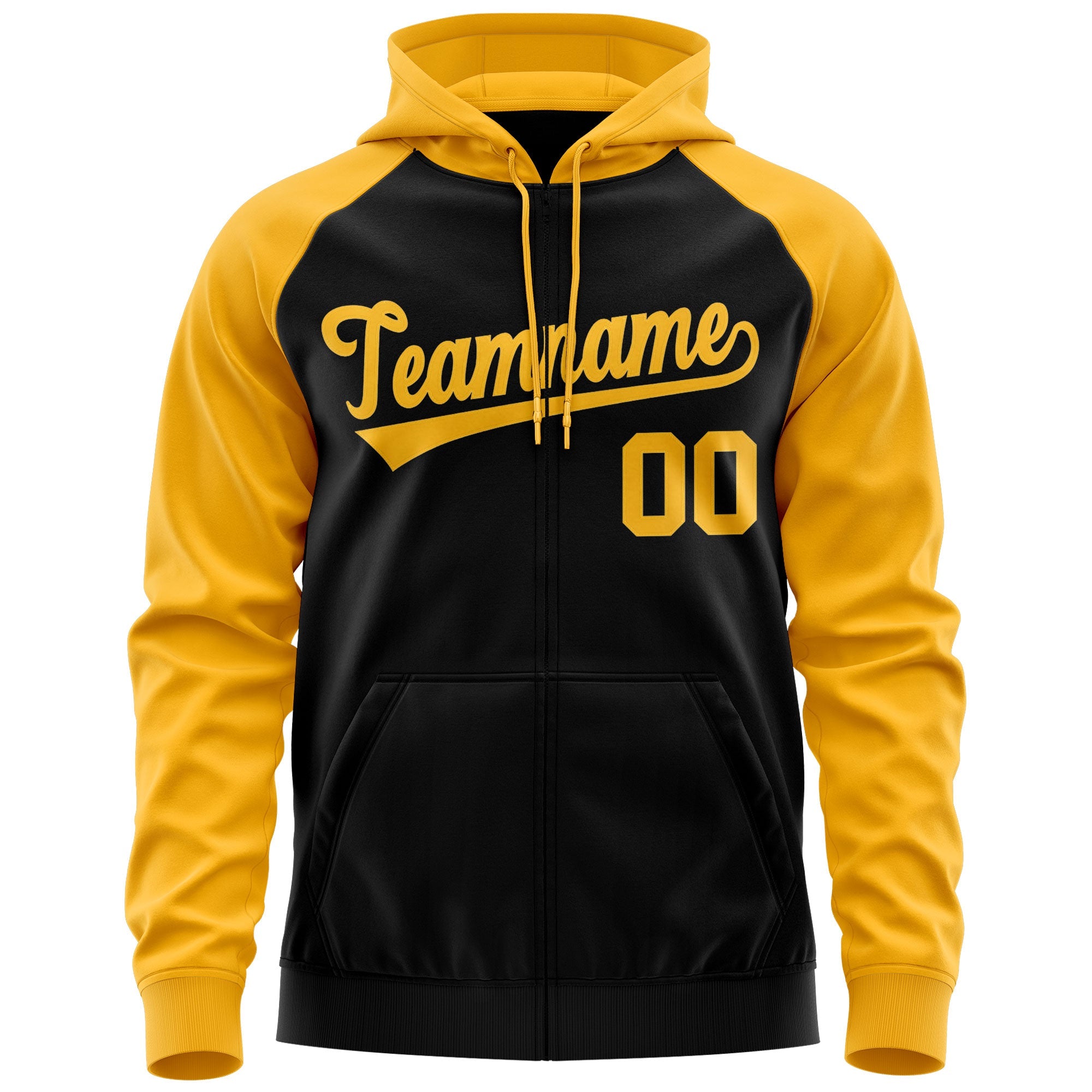 Custom Stitched Black Gold Raglan Sleeves Sports Full-Zip Sweatshirt Hoodie