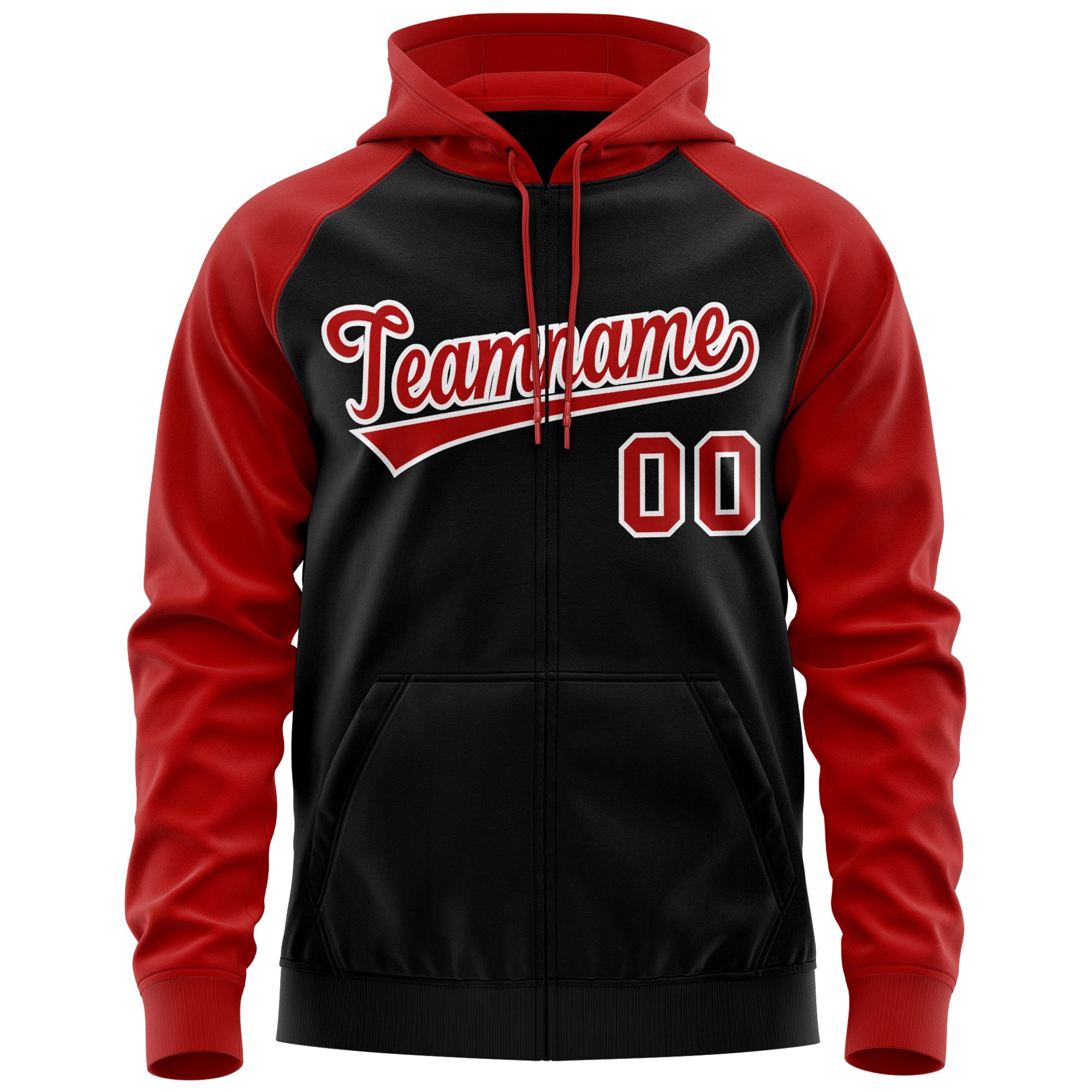 Custom Stitched Black Red-White Raglan Sleeves Sports Full-Zip Sweatshirt Hoodie