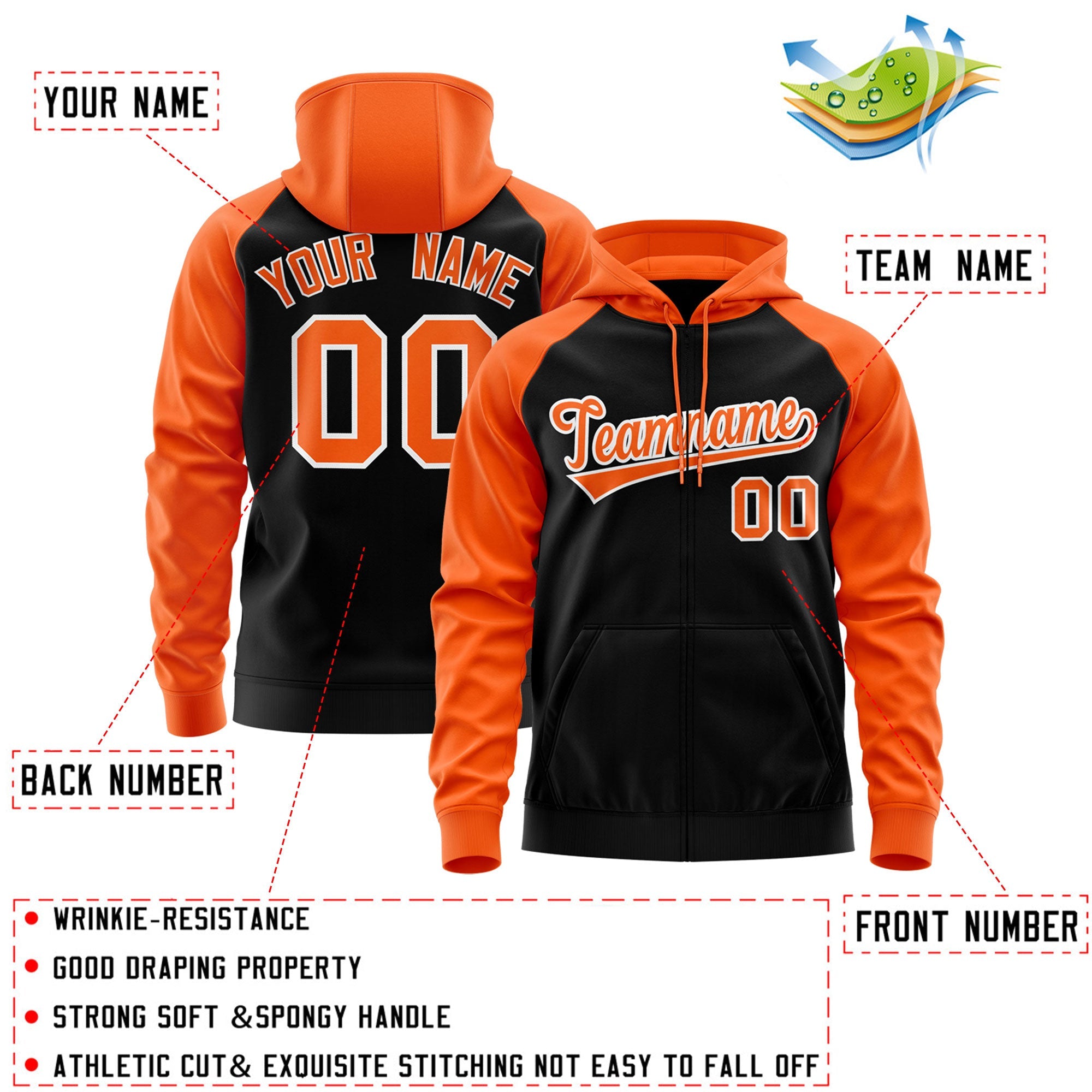 Custom Stitched Black Orange-White Raglan Sleeves Sports Full-Zip Sweatshirt Hoodie