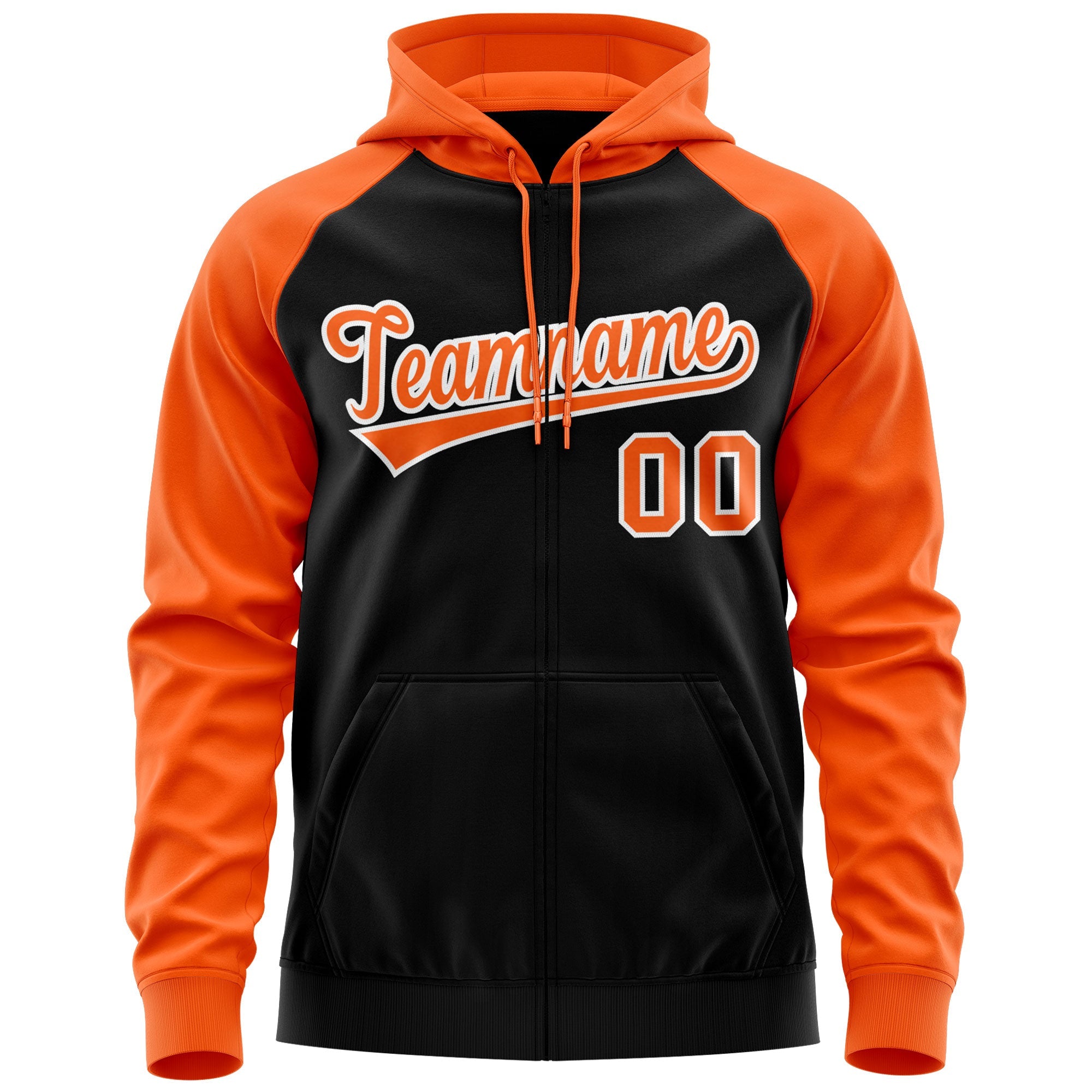 Custom Stitched Black Orange-White Raglan Sleeves Sports Full-Zip Sweatshirt Hoodie