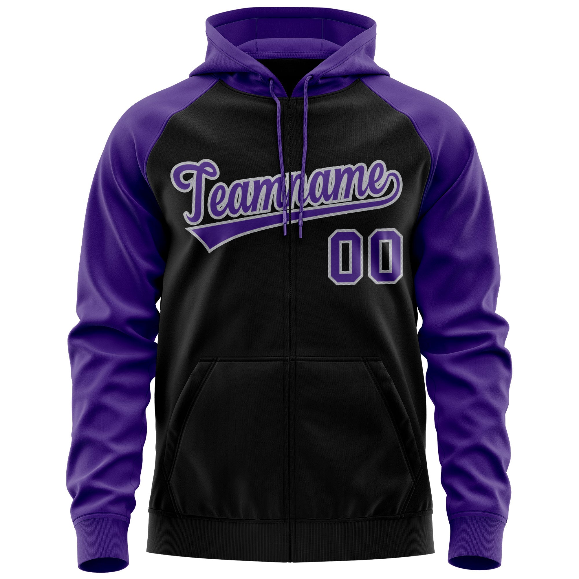 Custom Stitched Black Purple-Gray Raglan Sleeves Sports Full-Zip Sweatshirt Hoodie