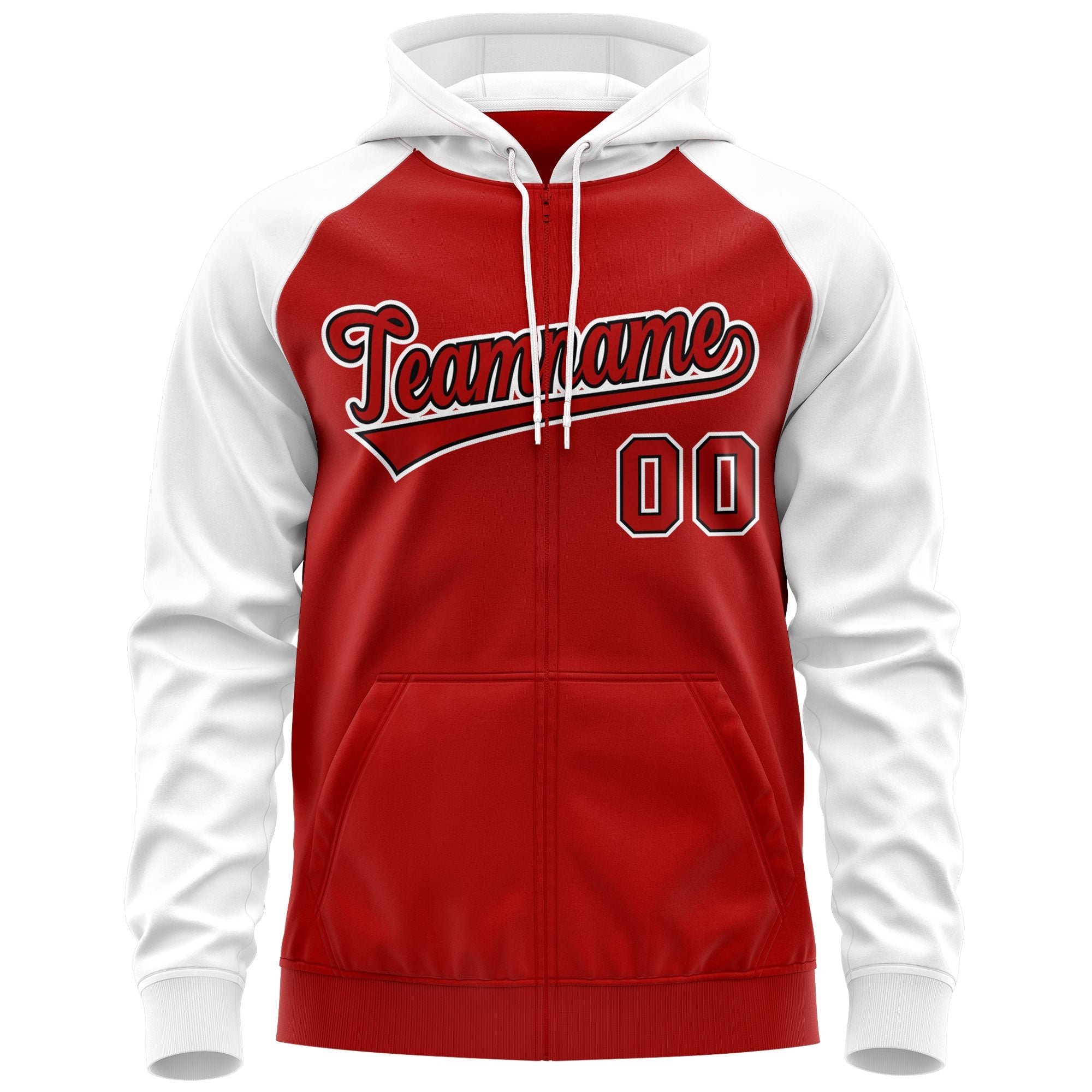 Custom Stitched Red Black-White Raglan Sleeves Sports Full-Zip Sweatshirt Hoodie