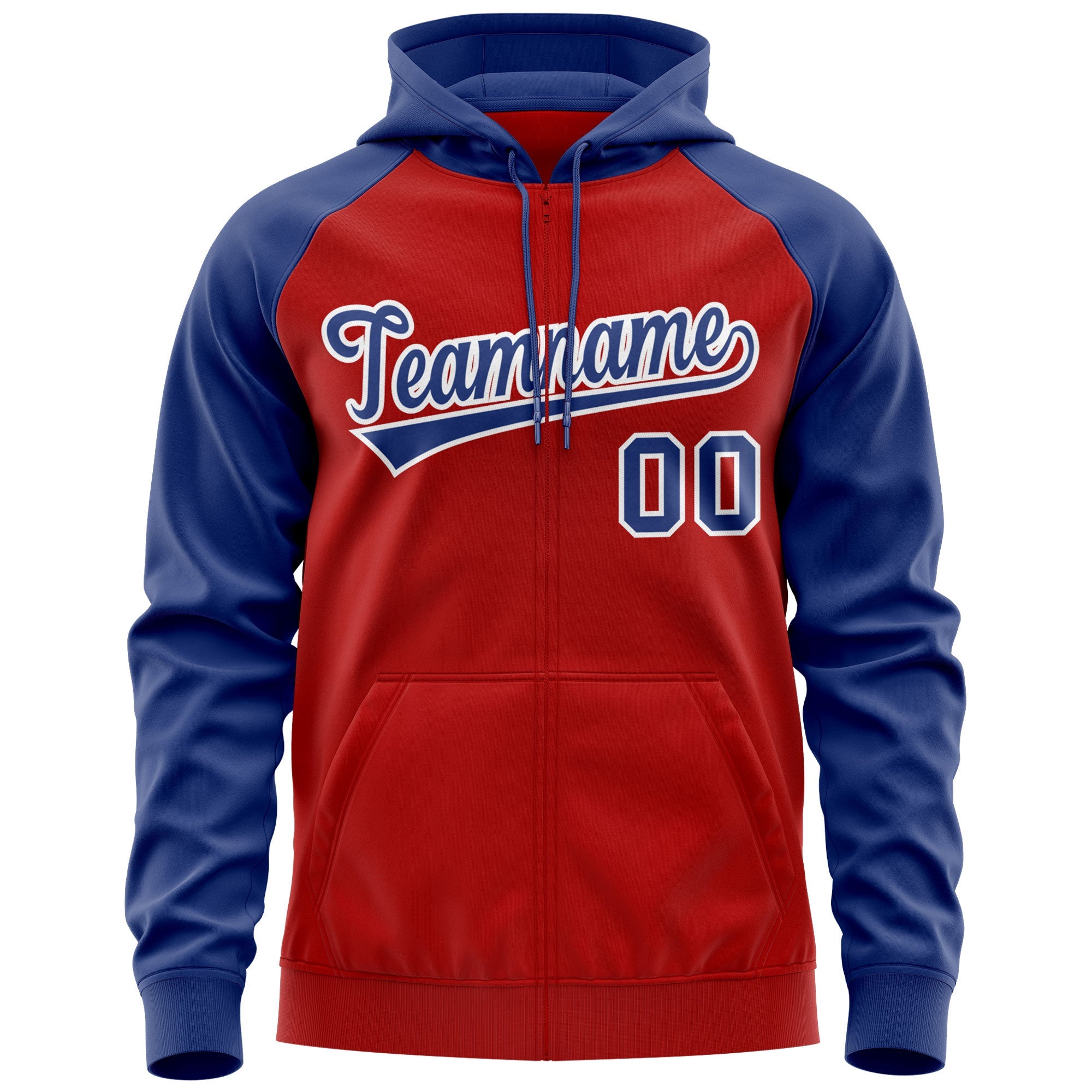 Custom Stitched Red Royal-White Raglan Sleeves Sports Full-Zip Sweatshirt Hoodie