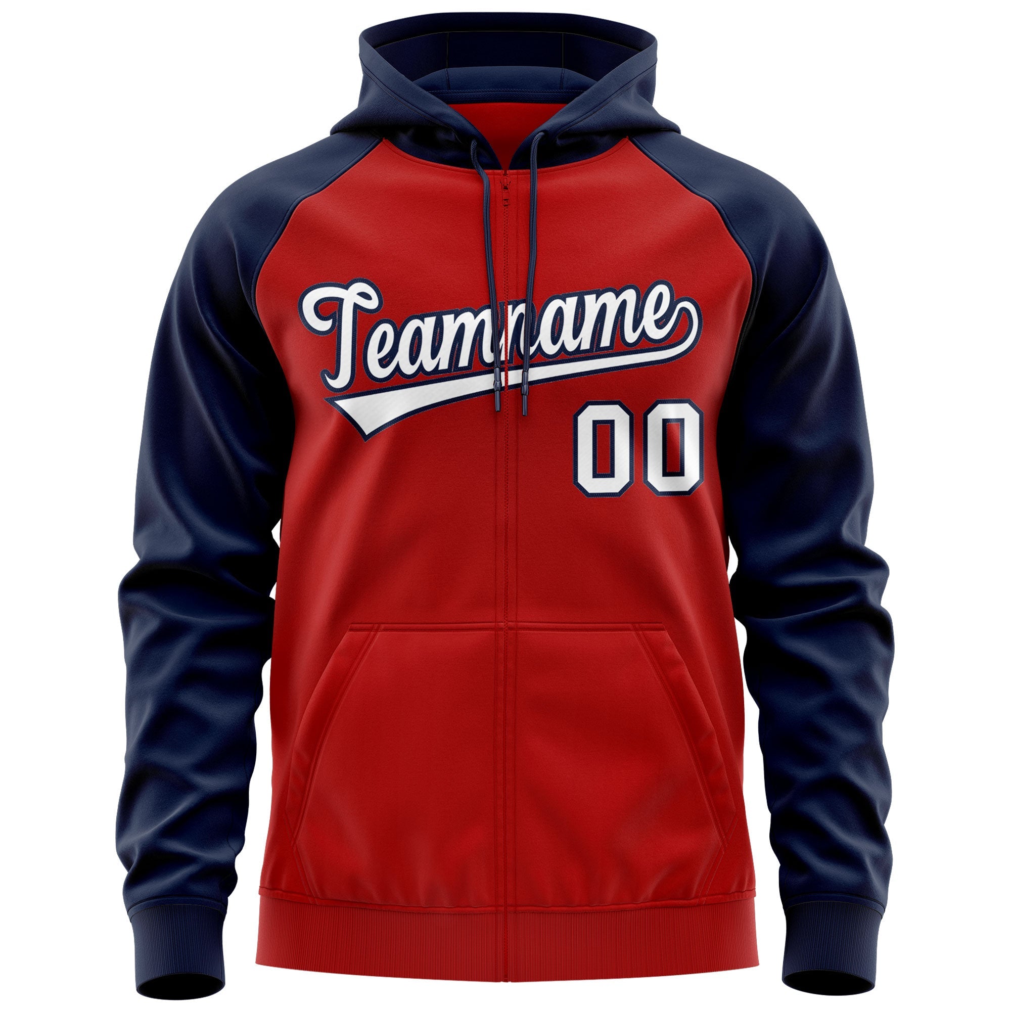 Custom Stitched Red White-Navy Raglan Sleeves Sports Full-Zip Sweatshirt Hoodie