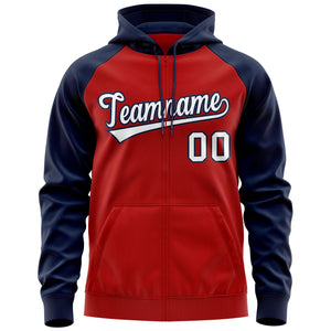 Custom Stitched Red White-Navy Raglan Sleeves Sports Full-Zip Sweatshirt Hoodie