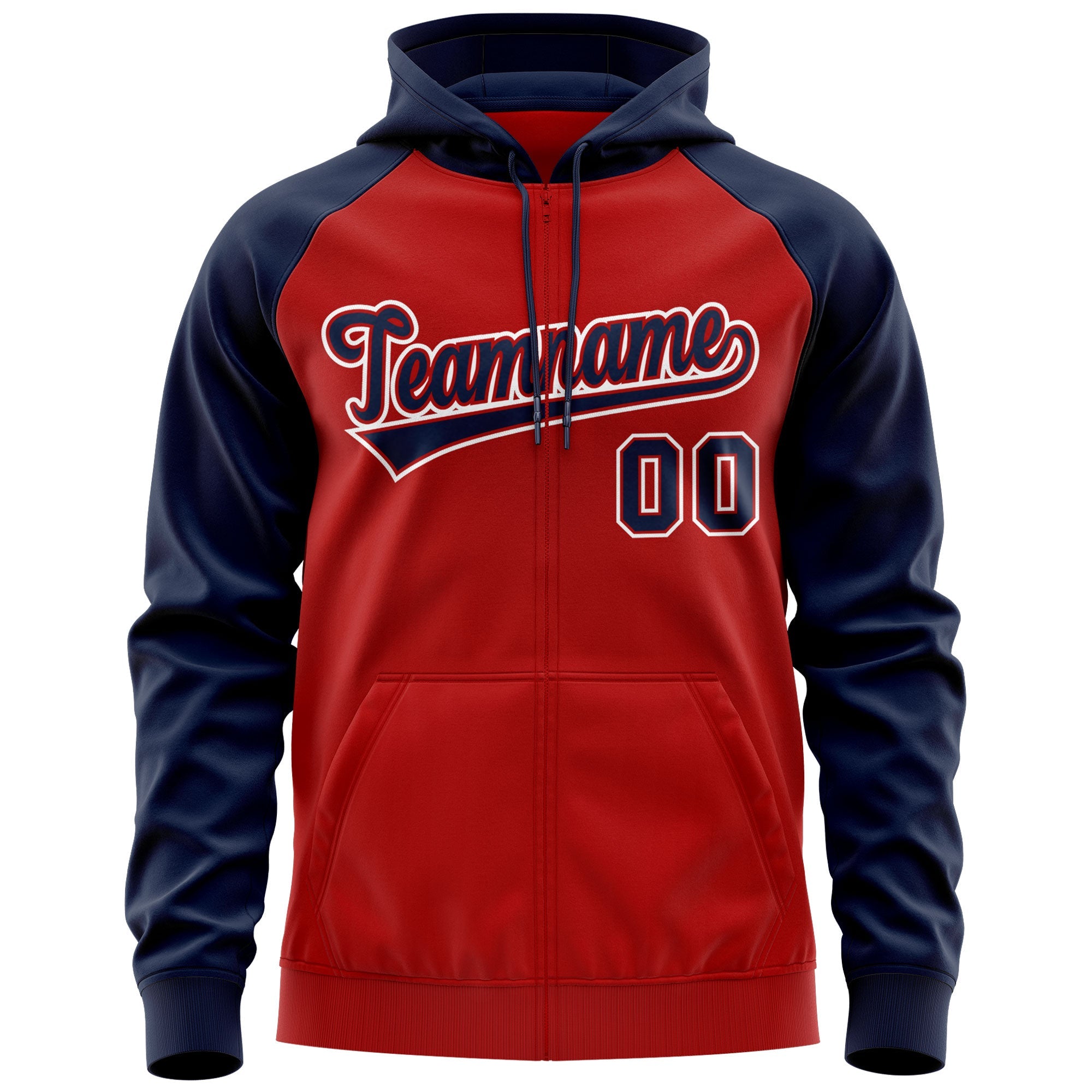 Custom Stitched Red Navy-White Raglan Sleeves Sports Full-Zip Sweatshirt Hoodie