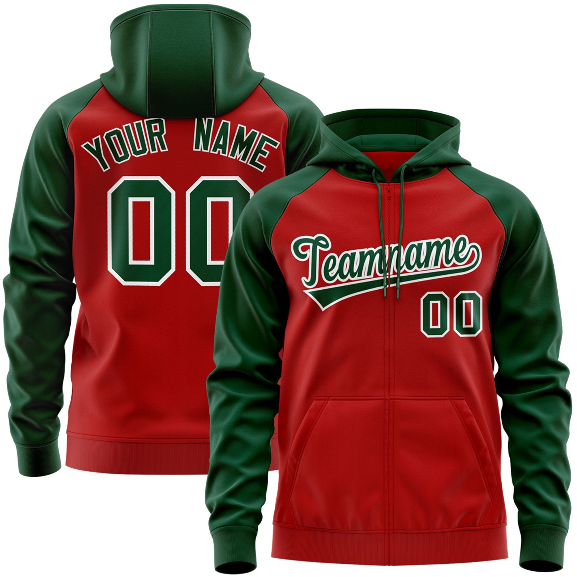 Custom Stitched Red Green-White Raglan Sleeves Sports Full-Zip Sweatshirt Hoodie