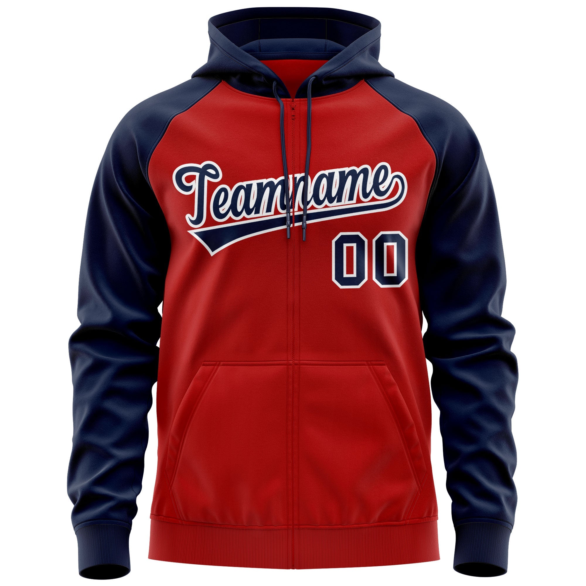 Custom Stitched Red Navy-White Raglan Sleeves Sports Full-Zip Sweatshirt Hoodie