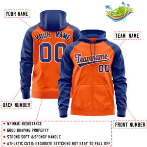 Custom Stitched Orange Royal-White Raglan Sleeves Sports Full-Zip Sweatshirt Hoodie