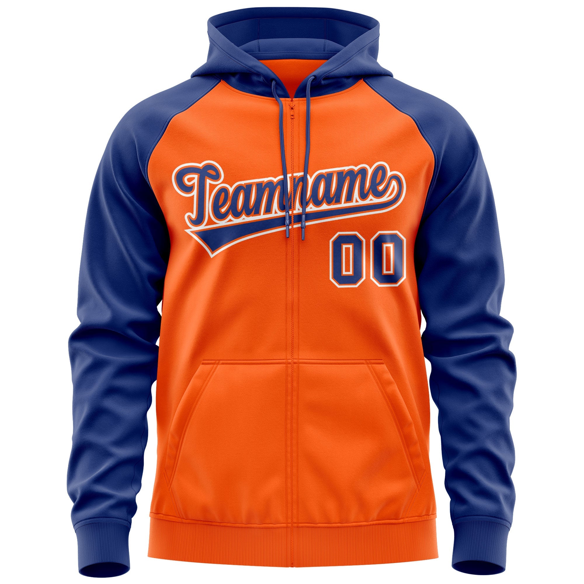 Custom Stitched Orange Royal-White Raglan Sleeves Sports Full-Zip Sweatshirt Hoodie