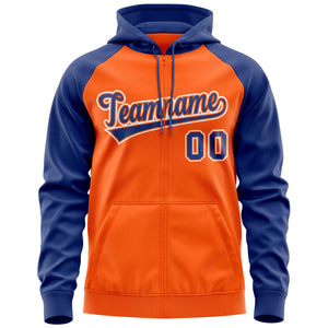 Custom Stitched Orange Royal-White Raglan Sleeves Sports Full-Zip Sweatshirt Hoodie