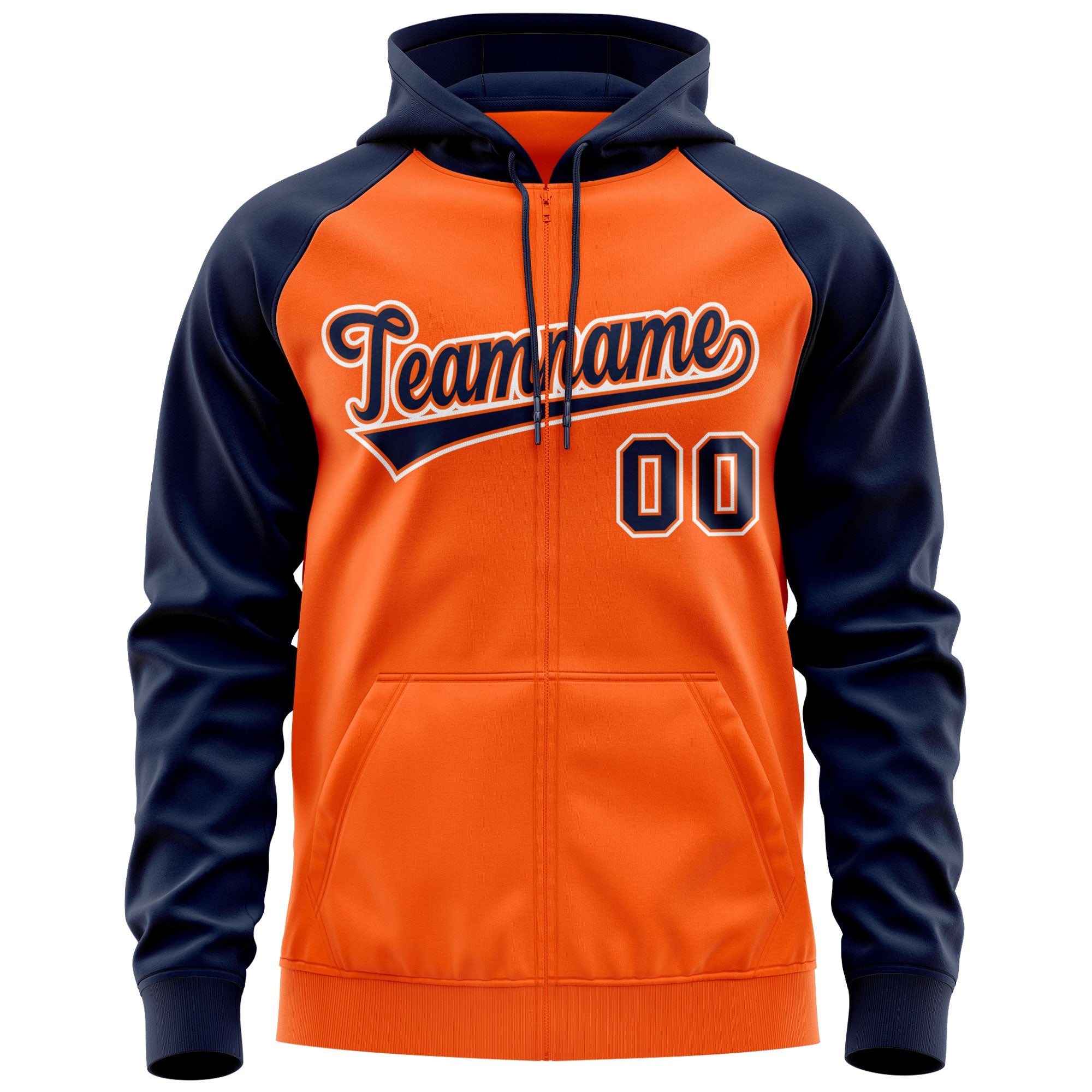 Custom Stitched Orange Navy-White Raglan Sleeves Sports Full-Zip Sweatshirt Hoodie