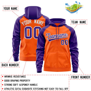 Custom Stitched Orange Purple-White Raglan Sleeves Sports Full-Zip Sweatshirt Hoodie