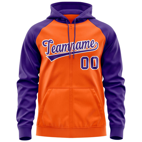 Custom Stitched Orange Purple-White Raglan Sleeves Sports Full-Zip Sweatshirt Hoodie