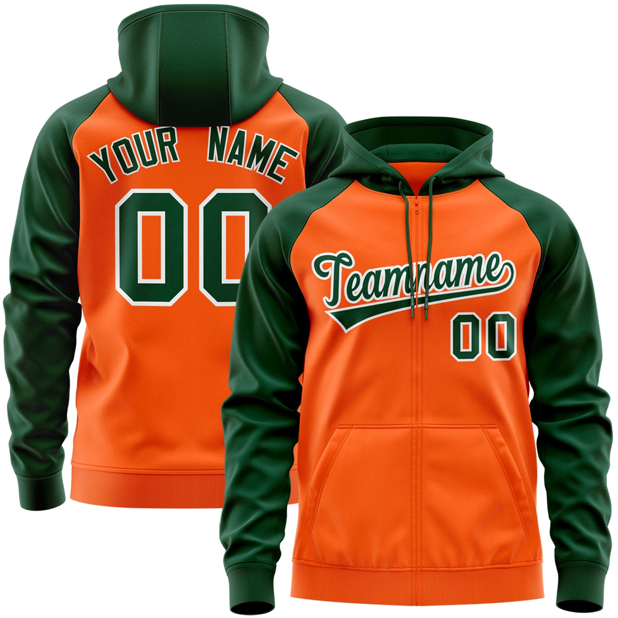 Custom Stitched Orange Green-White Raglan Sleeves Sports Full-Zip Sweatshirt Hoodie