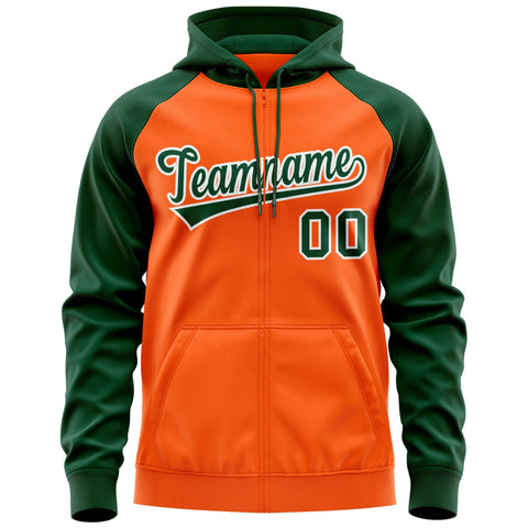Custom Stitched Orange Green-White Raglan Sleeves Sports Full-Zip Sweatshirt Hoodie