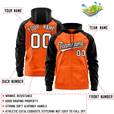 Custom Stitched Orange White-Black Raglan Sleeves Sports Full-Zip Sweatshirt Hoodie