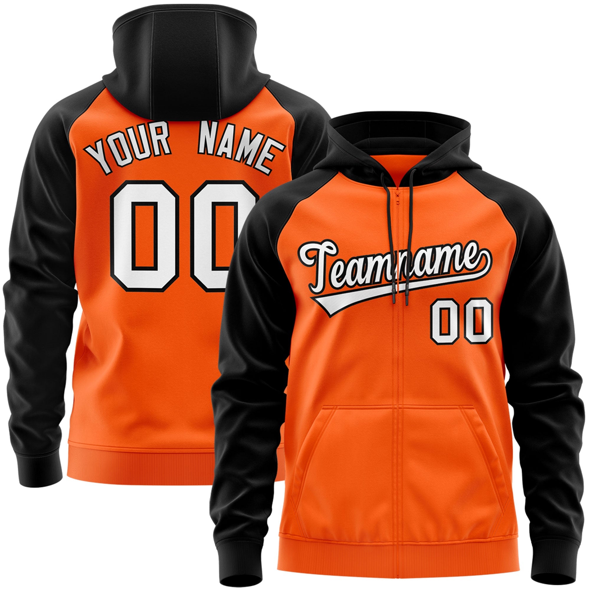 Custom Stitched Orange White-Black Raglan Sleeves Sports Full-Zip Sweatshirt Hoodie