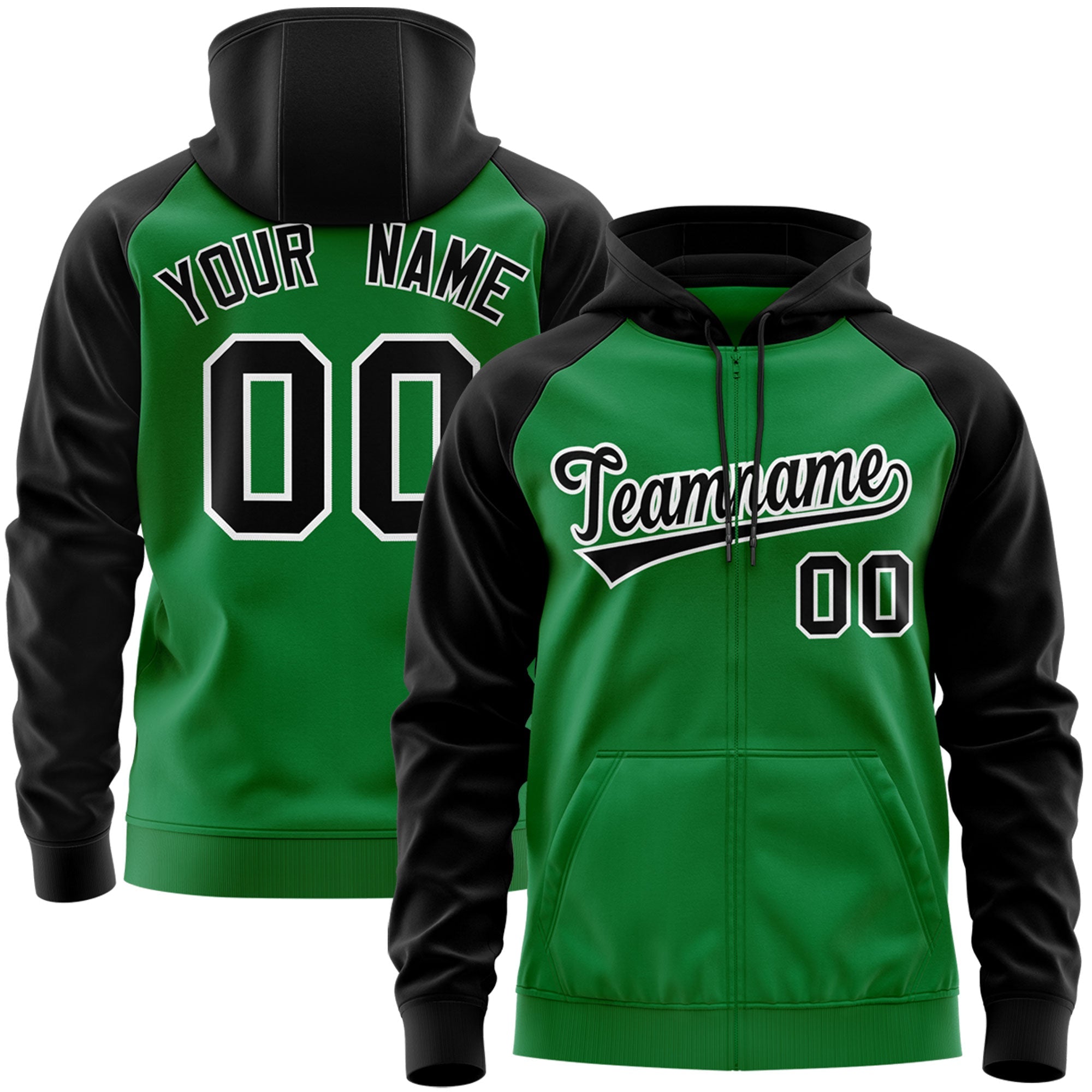 Custom Stitched Kelly Green Black-White Raglan Sleeves Sports Full-Zip Sweatshirt Hoodie