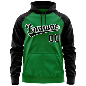 Custom Stitched Kelly Green Black-White Raglan Sleeves Sports Full-Zip Sweatshirt Hoodie