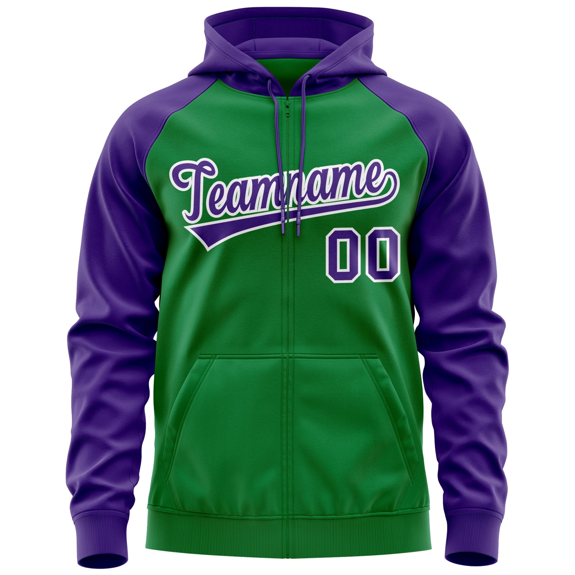 Custom Stitched Kelly Green Purple-White Raglan Sleeves Sports Full-Zip Sweatshirt Hoodie