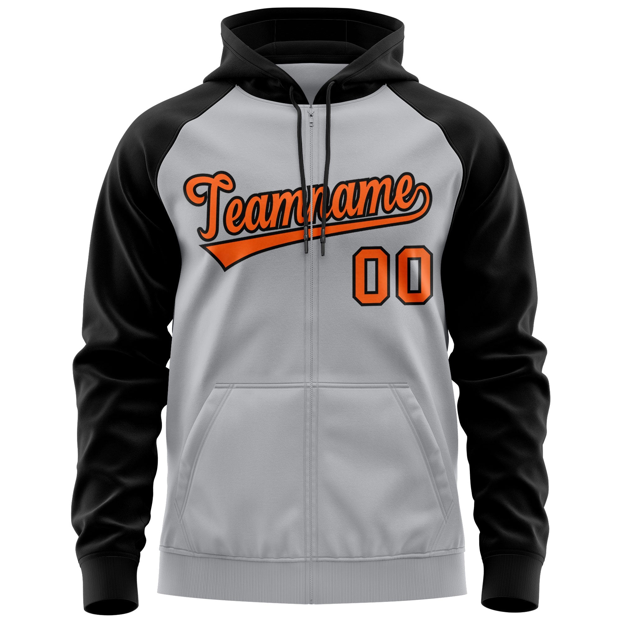 Custom Stitched Gray Orange-Black Raglan Sleeves Sports Full-Zip Sweatshirt Hoodie